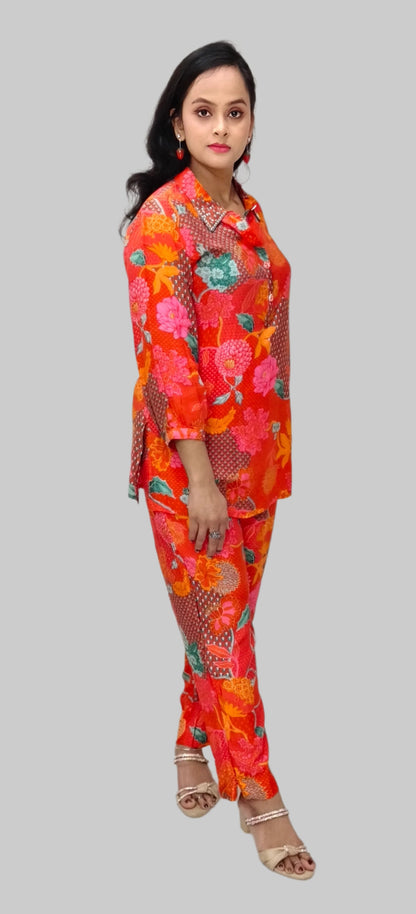 Vibrant Floral Co-ord Set: Bold Elegance in Red and Orange