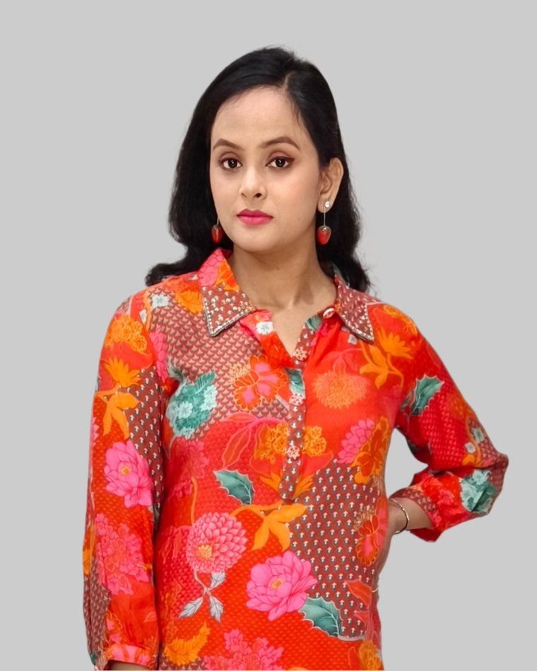 Vibrant Floral Co-ord Set: Bold Elegance in Red and Orange