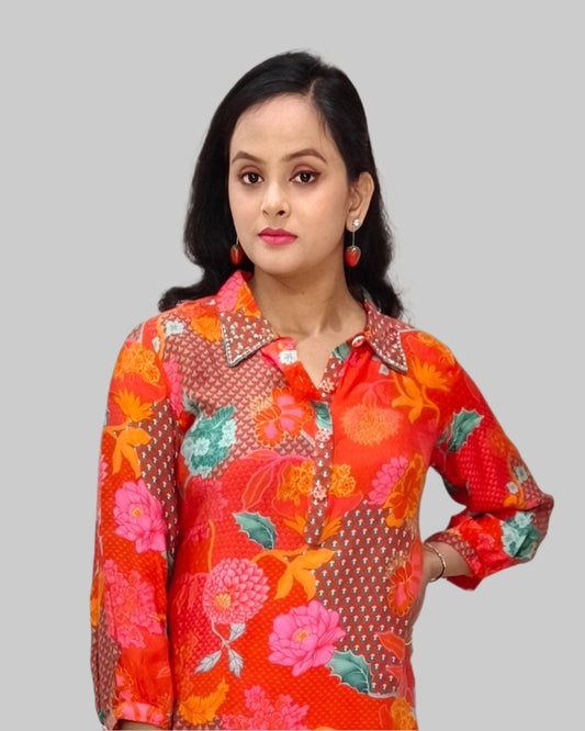 Vibrant Floral Co-ord Set: Bold Elegance in Red and Orange