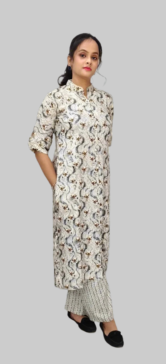 Cream-Grey Co-Ord Set with Abstract Prints, Mandarin Collar & Wide Pants