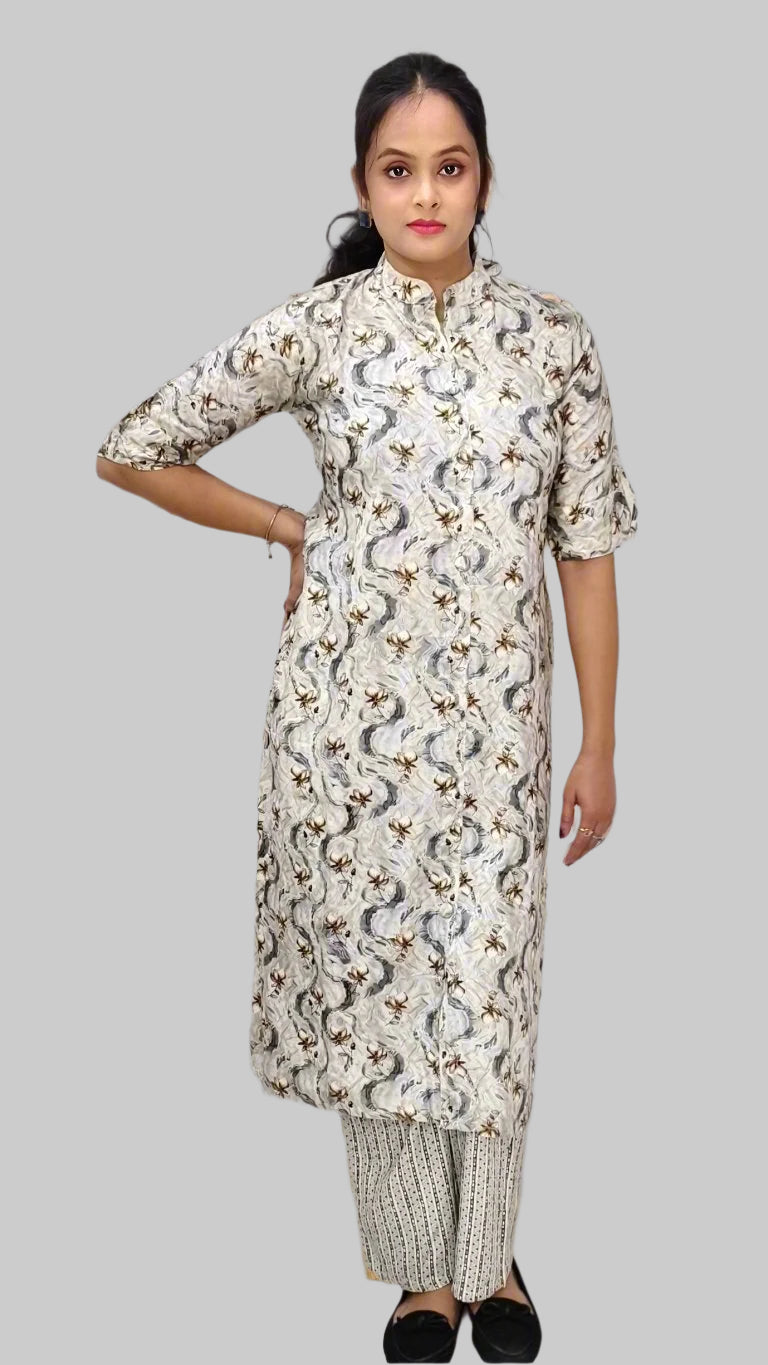Cream-Grey Co-Ord Set with Abstract Prints, Mandarin Collar & Wide Pants
