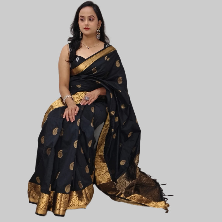 Black with Gold Print Silk Saree with Intricate Zari Work
