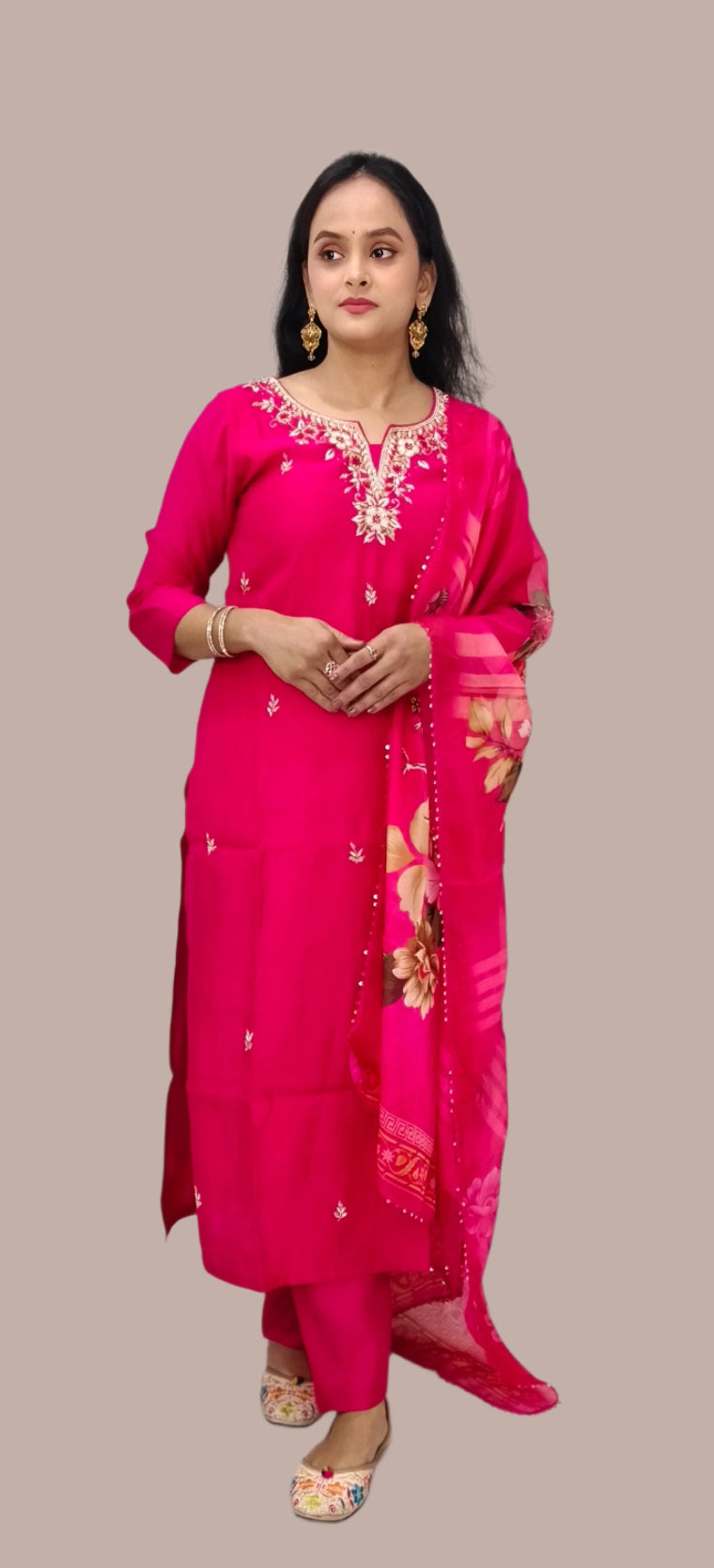 Fuchsia Pink Embroidered Salwar Kameez with Floral Dupatta