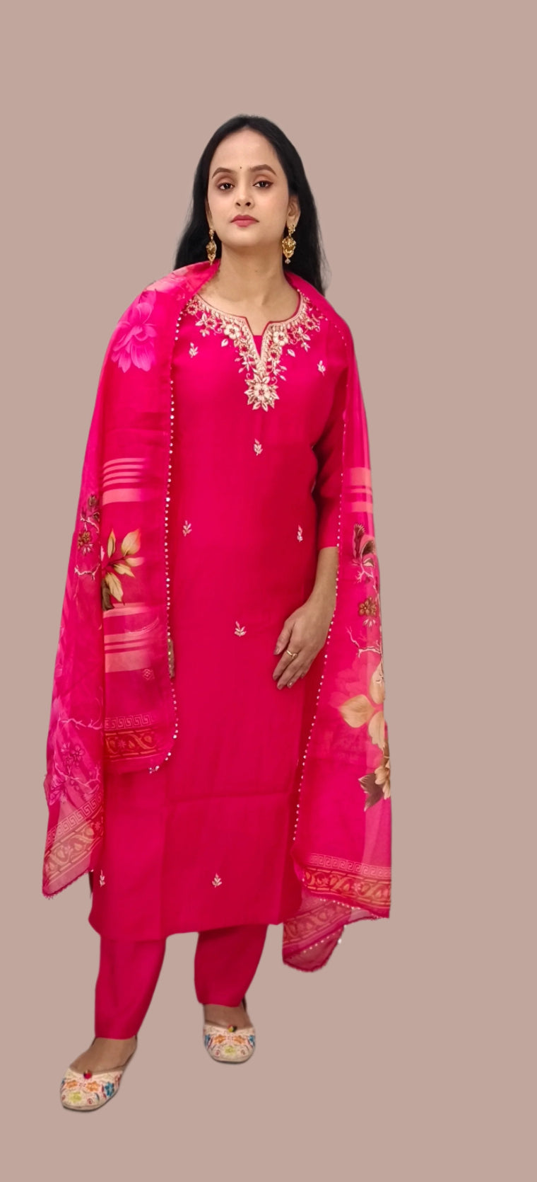 Fuchsia Pink Embroidered Salwar Kameez with Floral Dupatta