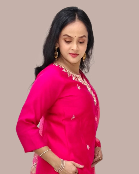 Fuchsia Pink Embroidered Salwar Kameez with Floral Dupatta