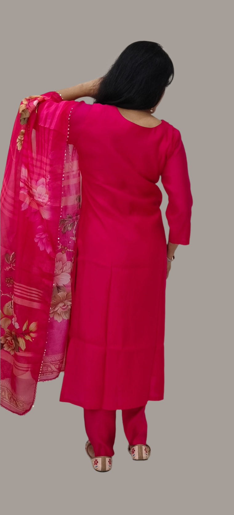 Fuchsia Pink Embroidered Salwar Kameez with Floral Dupatta
