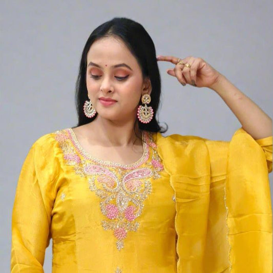 Radiant Yellow Salwar Kameez with Pink & Gold Embroidery and Dupatta