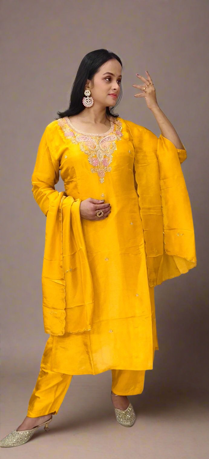 Radiant Yellow Salwar Kameez with Pink & Gold Embroidery and Dupatta