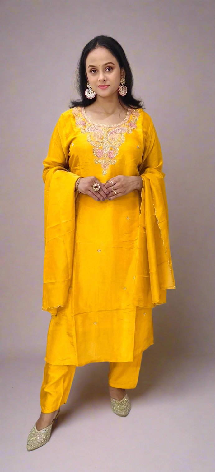 Radiant Yellow Salwar Kameez with Pink & Gold Embroidery and Dupatta