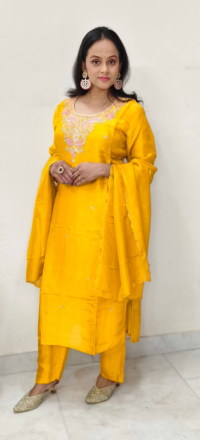 Radiant Yellow Salwar Kameez with Pink & Gold Embroidery and Dupatta