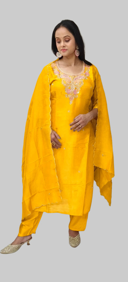 Radiant Yellow Salwar Kameez with Pink & Gold Embroidery and Dupatta