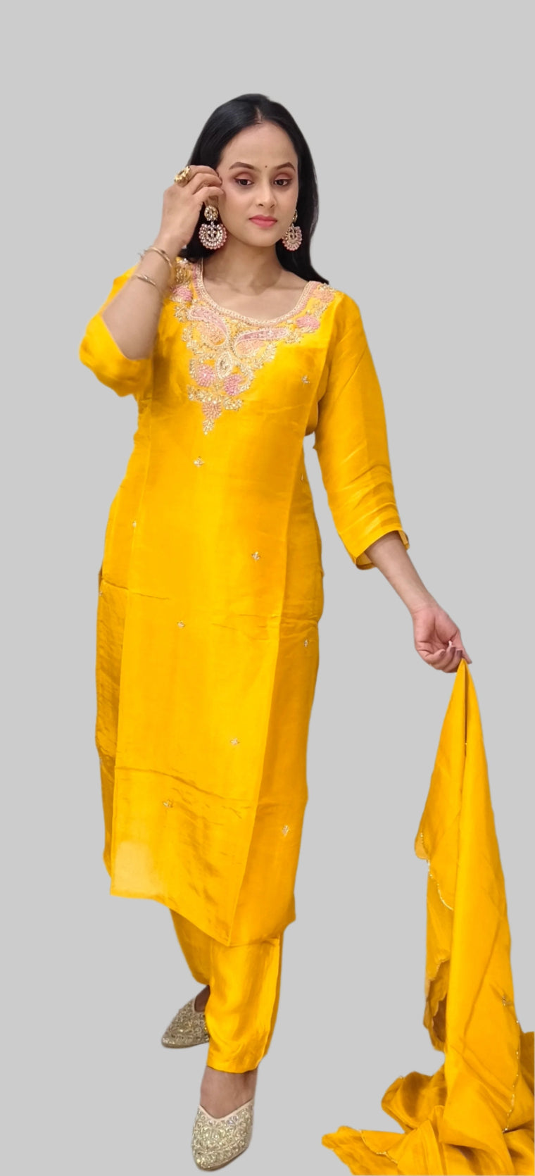 Radiant Yellow Salwar Kameez with Pink & Gold Embroidery and Dupatta