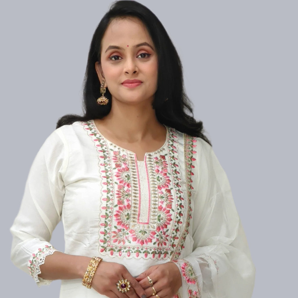 White Embroidered Salwar Kameez with Sheer Floral Dupatta