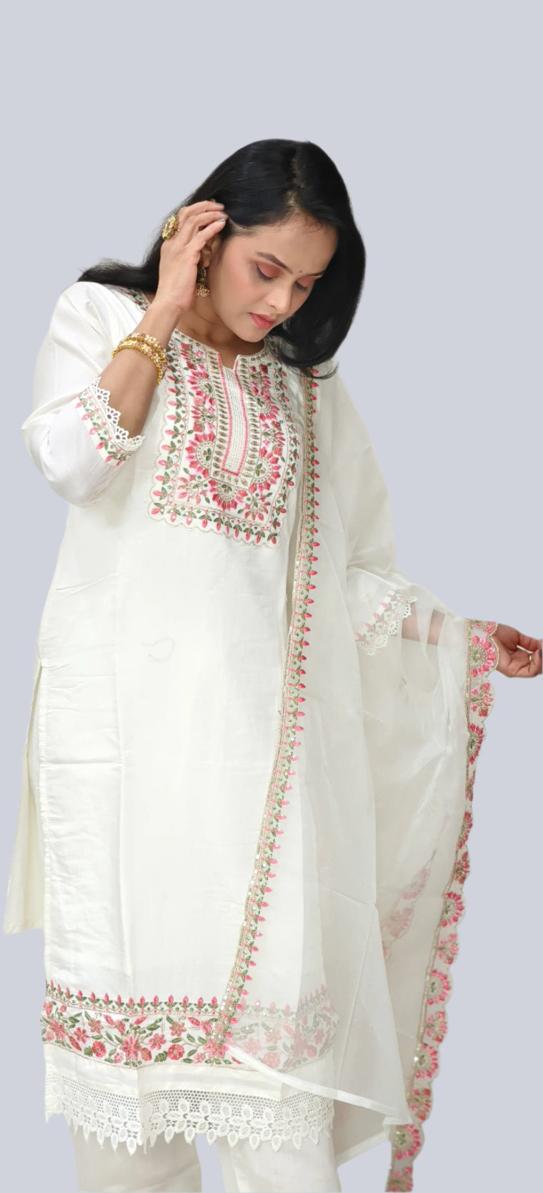 White Embroidered Salwar Kameez with Sheer Floral Dupatta