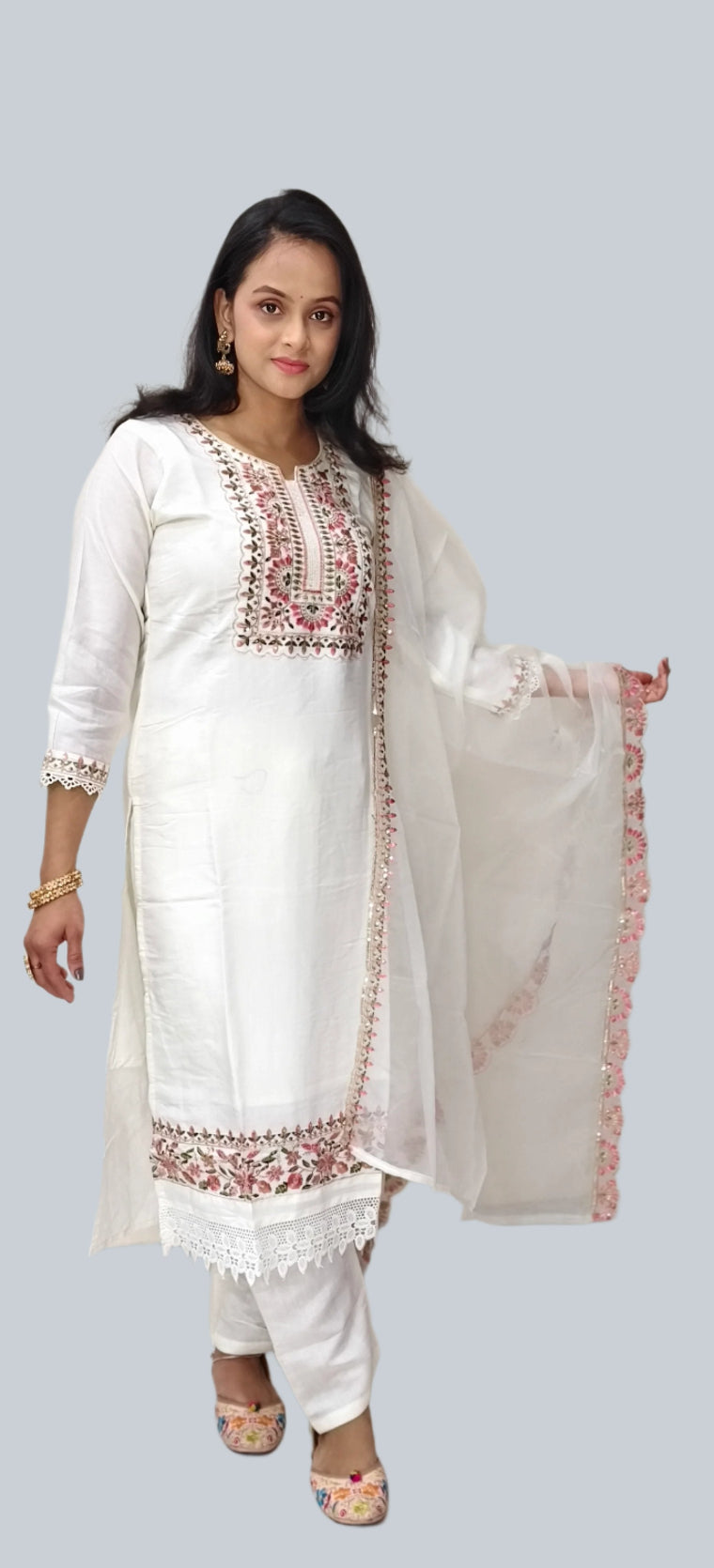 White Embroidered Salwar Kameez with Sheer Floral Dupatta