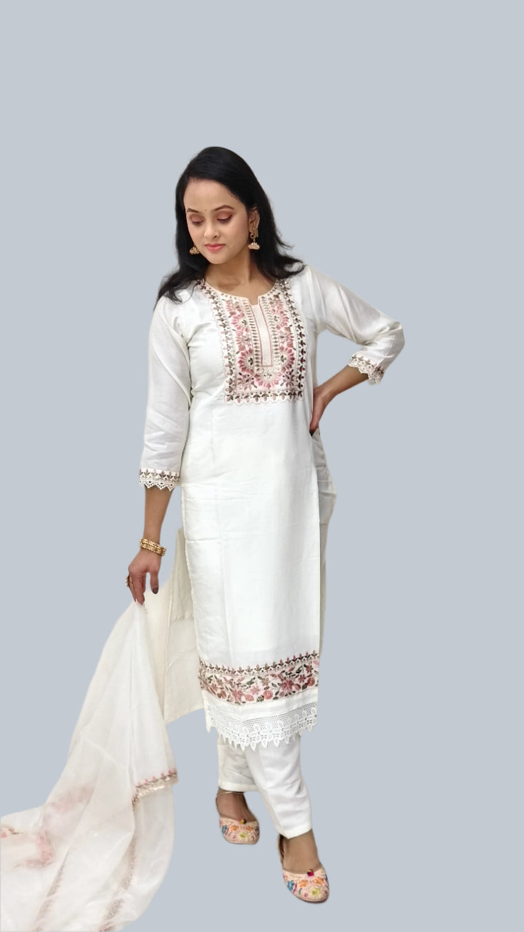 White Embroidered Salwar Kameez with Sheer Floral Dupatta
