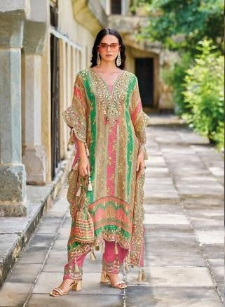 Elegant Multicolor Kaftan Style Embroidered Suit Set - Pink