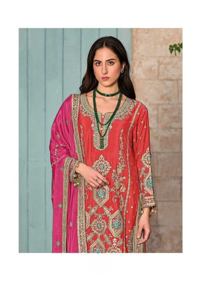 Elegant Embroidered Pink and Red Traditional Kurta with Trouser & Dupatta Set