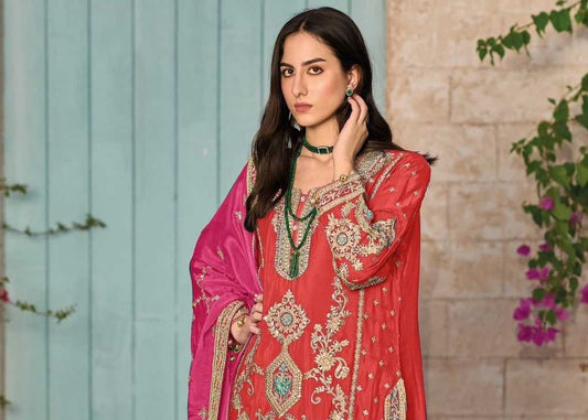 Elegant Embroidered Pink and Red Traditional Kurta with Trouser & Dupatta Set