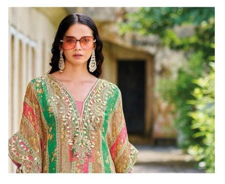 Elegant Multicolor Kaftan Style Embroidered Suit Set - Pink