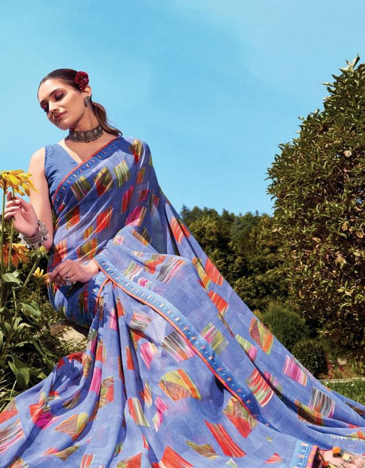 Digitally Printed Georgette Saree in Blue