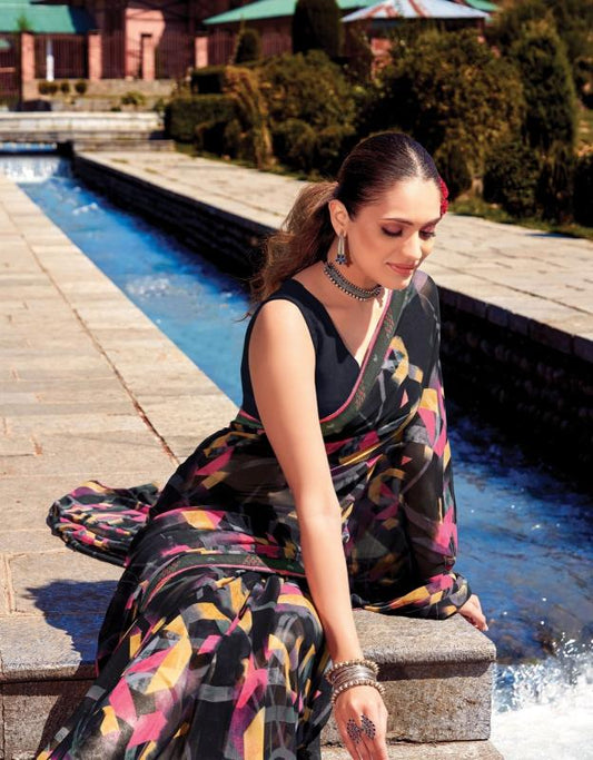 Digitally Printed Georgette Saree in Black