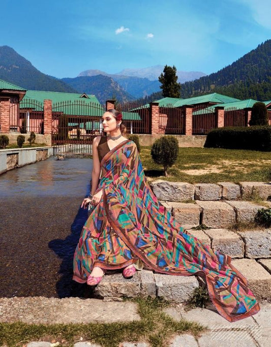Digitally Printed Georgette Saree in Brown