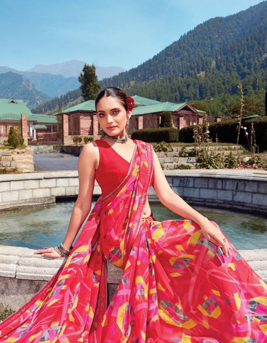 Digitally Printed Georgette Saree in Red