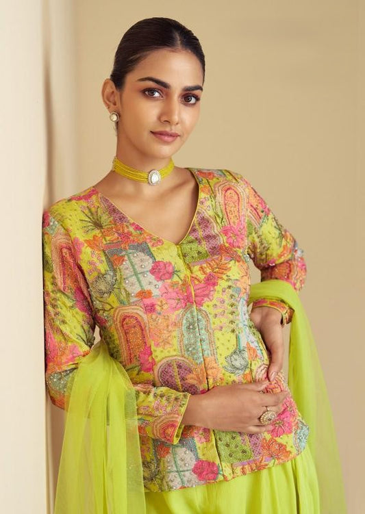 Lime Green Jacket Style Palazzo Suit Set - Graceful Indo-Western Look