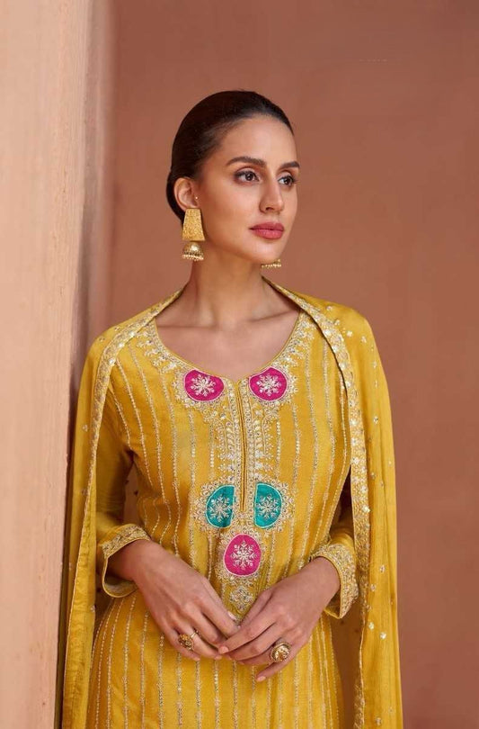 Mustard Yellow Designer Chinon Kurti with Palazzo & Dupatta – Festive & Wedding Wear Set