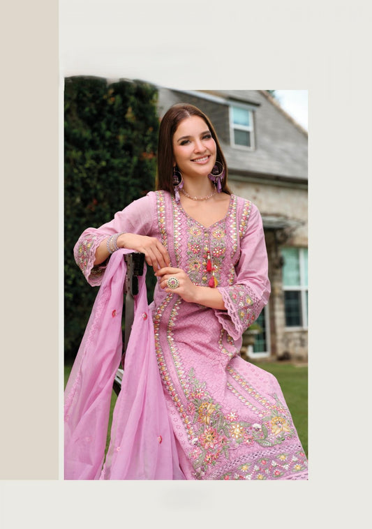 Soft Lilac Pink Premium Cotton Embroidered Ready-to-Wear Suit with Dupatta 🌸