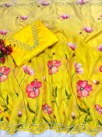 Sunshine Yellow Floral Whisper Organza Silk Sarees – A Symphony of Elegance and Color