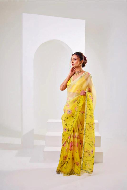 Sunshine Yellow Floral Whisper Organza Silk Sarees – A Symphony of Elegance and Color