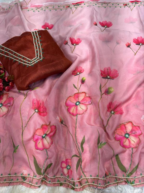 Blush Pink Floral Whisper Organza Silk Sarees – A Symphony of Elegance and Color