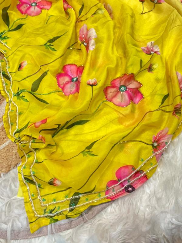 Sunshine Yellow Floral Whisper Organza Silk Sarees – A Symphony of Elegance and Color