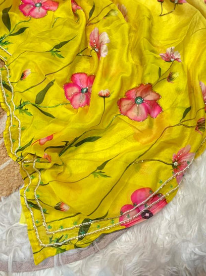 Sunshine Yellow Floral Whisper Organza Silk Sarees – A Symphony of Elegance and Color