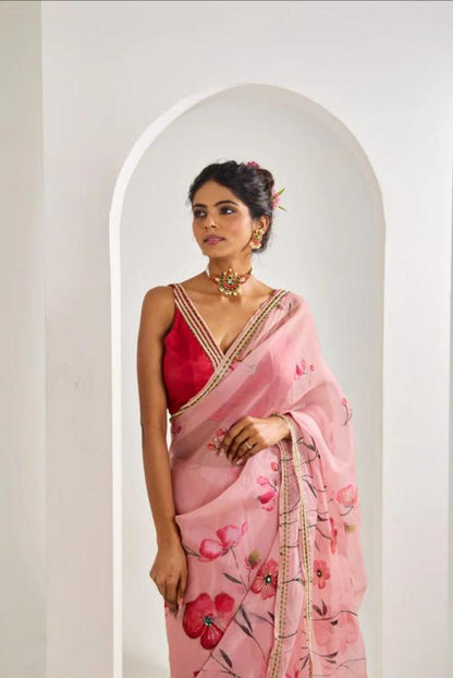 Blush Pink Floral Whisper Organza Silk Sarees – A Symphony of Elegance and Color