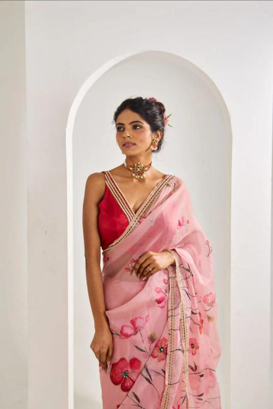 Blush Pink Floral Whisper Organza Silk Sarees – A Symphony of Elegance and Color