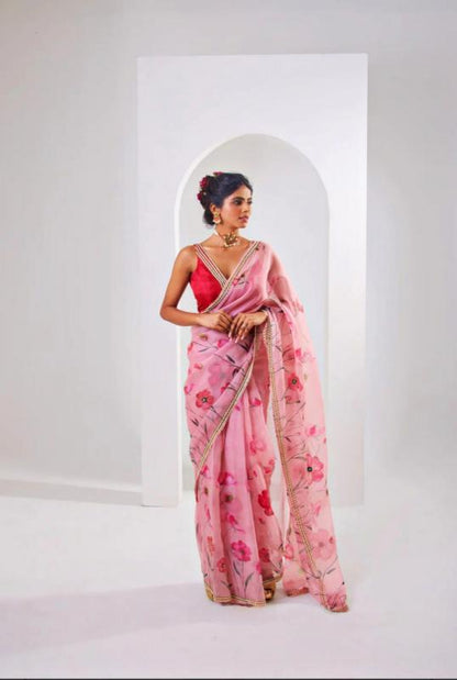 Blush Pink Floral Whisper Organza Silk Sarees – A Symphony of Elegance and Color