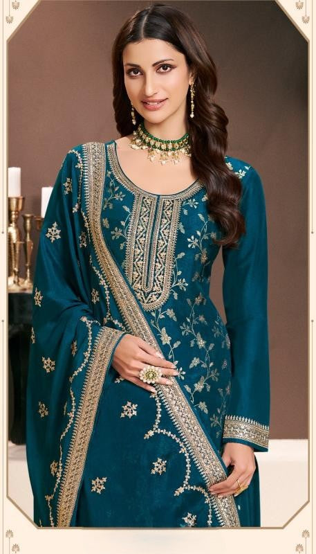 Turquoise Blue Silk Jacquard Kurta Palazzo Set