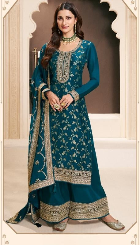 Turquoise Blue Silk Jacquard Kurta Palazzo Set