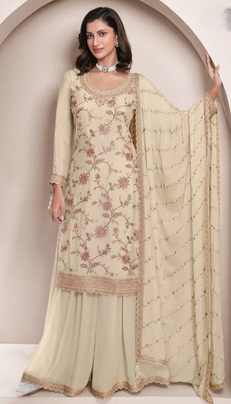 Cream Embroidered Party Wear Sharara Suit Set