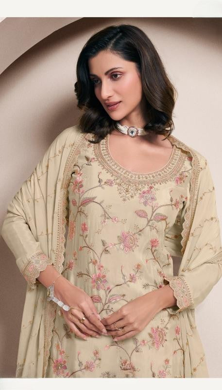 Cream Embroidered Party Wear Sharara Suit Set