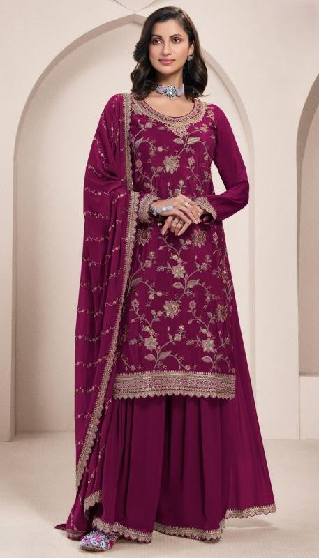 Maroon Embroidered Party Wear Sharara Suit Set