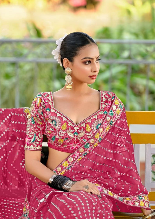 Premium Georgette Embroidered Pink Saree - Festive glamour✨
