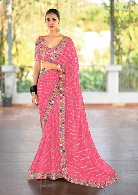 Premium Georgette Embroidered Pink Saree - Festive glamour✨