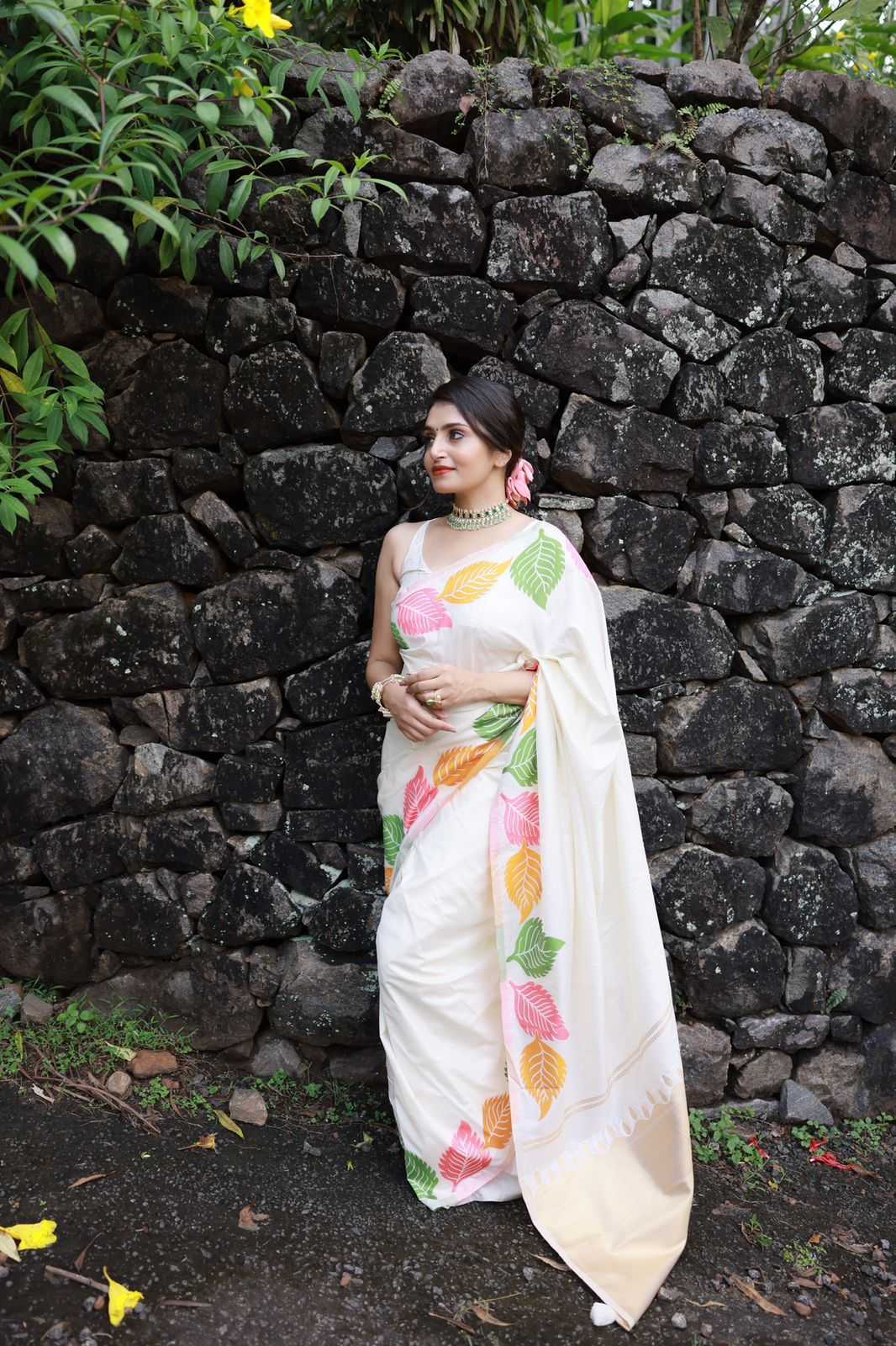 Ivory Bloom – Multicolor Leaf Print Soft Silk Saree
