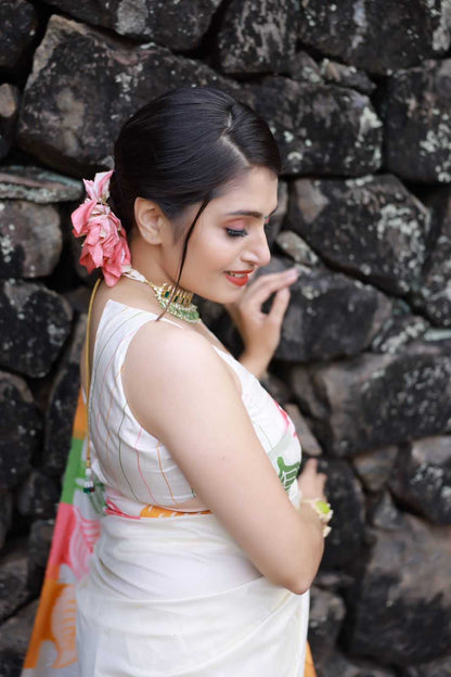 Ivory Bloom – Multicolor Leaf Print Soft Silk Saree