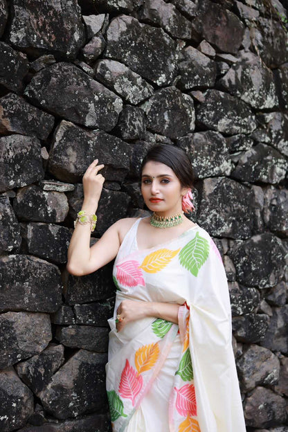 Ivory Bloom – Multicolor Leaf Print Soft Silk Saree