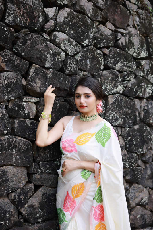Ivory Bloom – Multicolor Leaf Print Soft Silk Saree